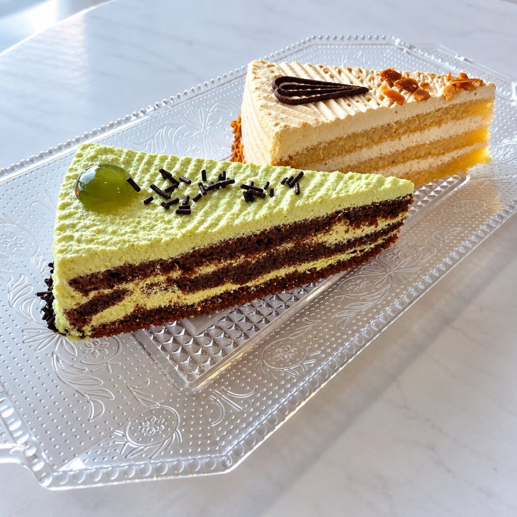Tarta de pistacho con bizcocho de chocolate y tarta de moka